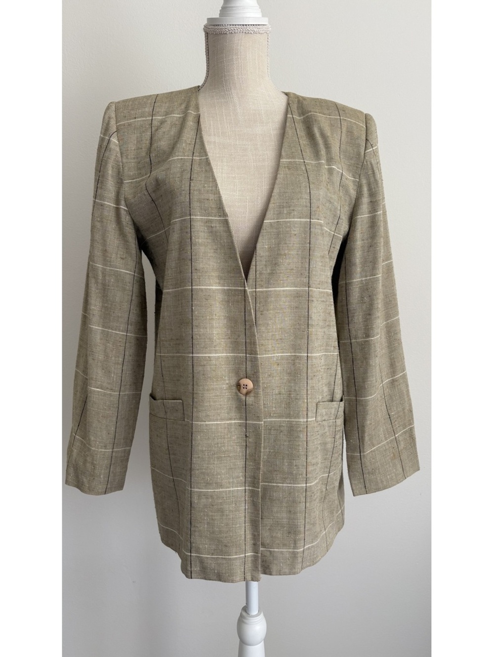 Vintage Linen Blend Plaid Blazer with Button Closure
